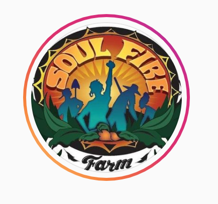 A circular logo with blue silhouettes of 4 farmers, brandishing shovels and the center farmer raising their fist in the air. They are in a field of green produce, and the sun shines bright yellow behind them. The surrounding text reads, "Soul Fire Farm". 