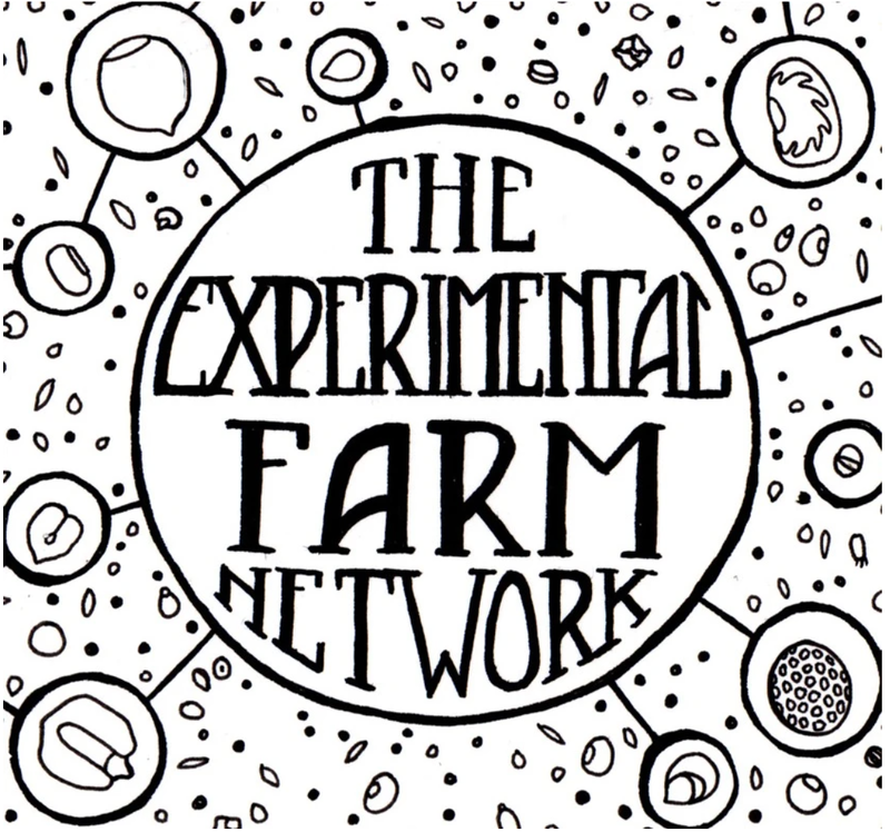 Black and white logo with a circle, and small circles coming off the central circle with seeds inside. Inside the large, central circle is text in capital letters, reading "The Experimental Farm Network". 