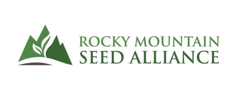 Green text and a green logo sit against a white background. The green text reads, "Rocky Mountain Seed Alliance". To the left of the text, a mountain in the shape of green mountain range is split in half by a tiny plant sprout. 